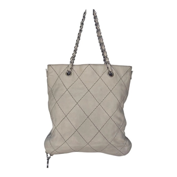 Vintage Authentic Chanel Quilted Tote Bag Cream Chain Strap Leather zip around - Picture 2 of 16